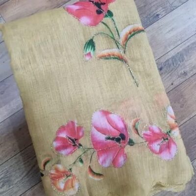 Linen Leheriya Digital Printed Handwork Saree