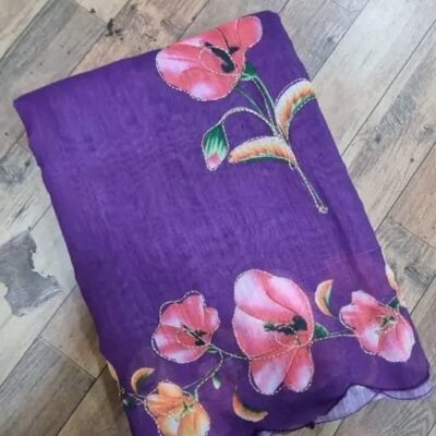 Linen Leheriya Digital Printed Handwork Saree