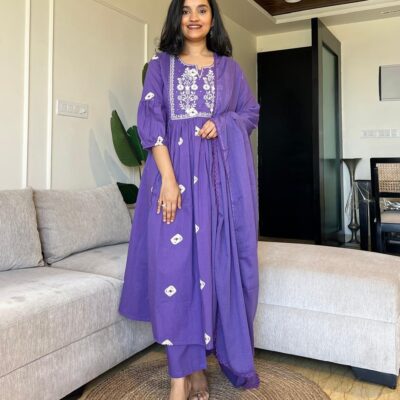 Flare & Flow Embroidered Cotton Kurta Set With Dupatta