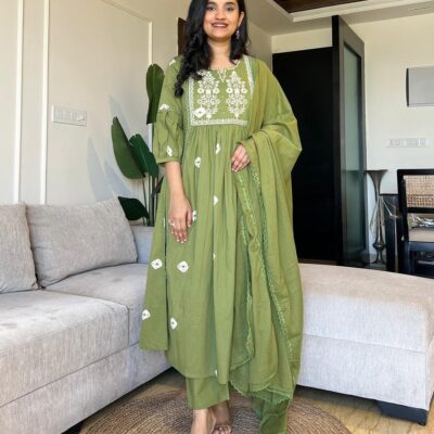 Flare & Flow Embroidered Cotton Kurta Set With Dupatta