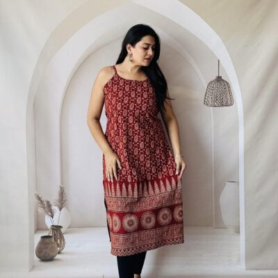 KurtiKraft Cotton Ajrakh Print Spaghetti Kurti