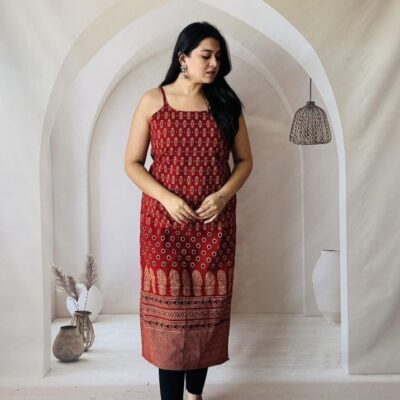 KurtiKraft Cotton Ajrakh Print Spaghetti Kurti