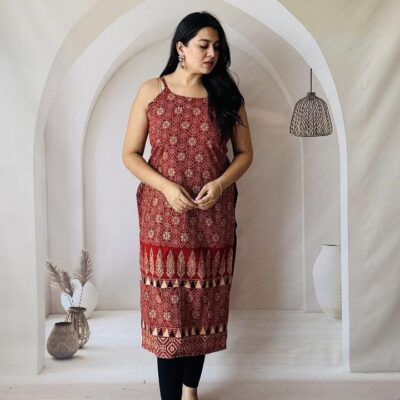 KurtiKraft Cotton Ajrakh Print Spaghetti Kurti