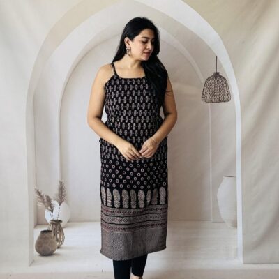 KurtiKraft Cotton Ajrakh Print Spaghetti Kurti