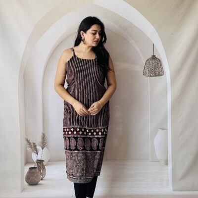 KurtiKraft Cotton Ajrakh Print Spaghetti Kurti