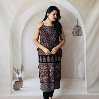KurtiKraft Cotton Ajrakh Print Spaghetti Kurti
