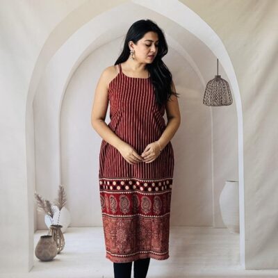KurtiKraft Cotton Ajrakh Print Spaghetti Kurti