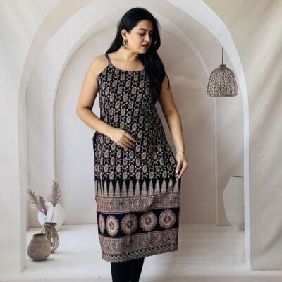 KurtiKraft Cotton Ajrakh Print Spaghetti Kurti
