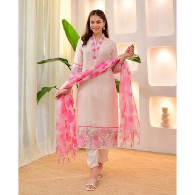Kivah- Cotton Flex 3 Piece Kurta Set With Zari Work