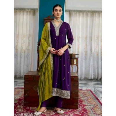 Ira- A line Embellished 3 Piece Kurta Set In Silk