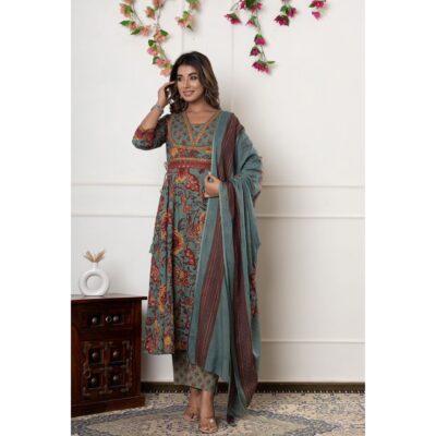 Isha- 3 Piece Anarkali Suit Set In Cotton