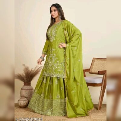 Kia - Embroidered Chinon Silk 3 Piece Gharara Set