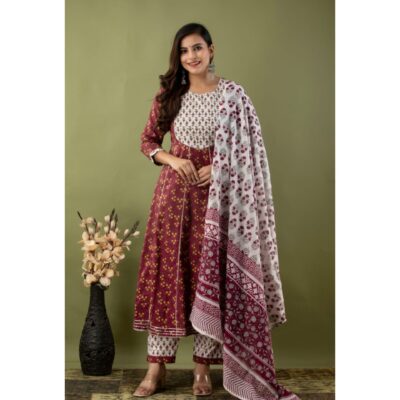Zoya- Floral Print 3 Piece Suit Set In Cotton
