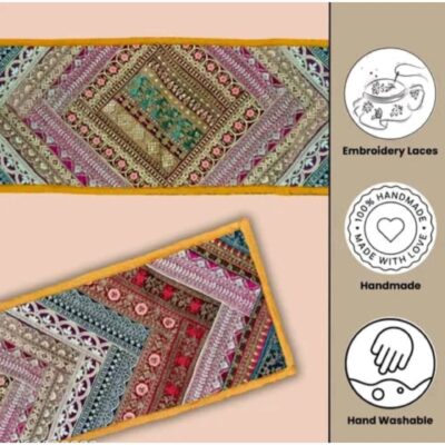 Rangriti- Silk Table Runner With Embroidered Lace Work