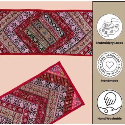 Rangriti- Silk Table Runner With Embroidered Lace Work