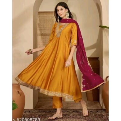 Kesar- Embroidered 3 Piece Suit Set In Silk