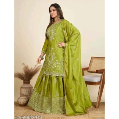 Aabha- Embellished Gharara Suit Set In Silk