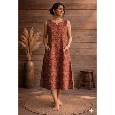 Zeni- A-Line Printed One Piece Dress In Cotton