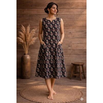 Zeni- A-Line Printed One Piece Dress In Cotton