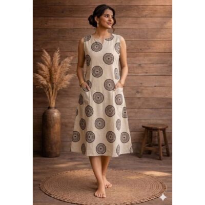 Zeni- A-Line Printed One Piece Dress In Cotton