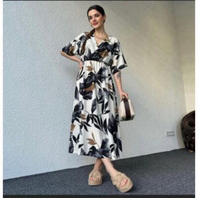 Fabfit- Floral Print One Piece Dress In Cotton