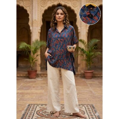 Glamefit- Shirt Style Short Kaftan In Modal Silk