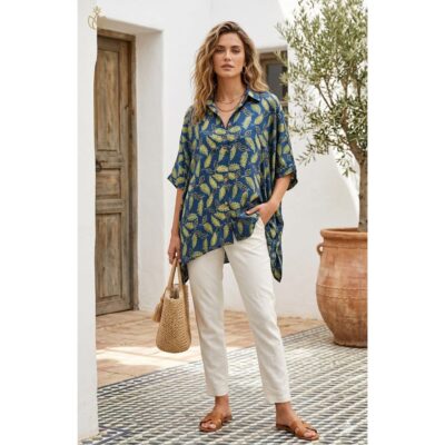 Glamefit- Shirt Style Short Kaftan In Modal Silk