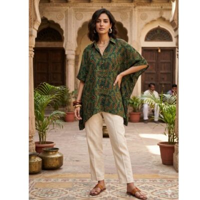 Glamefit- Shirt Style Short Kaftan In Modal Silk
