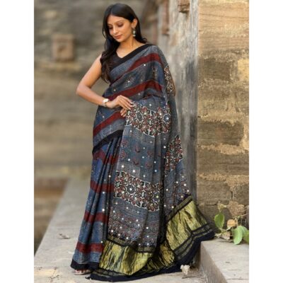 Trisha- Ajrakh Modal Silk Saree With Mirror Detailing