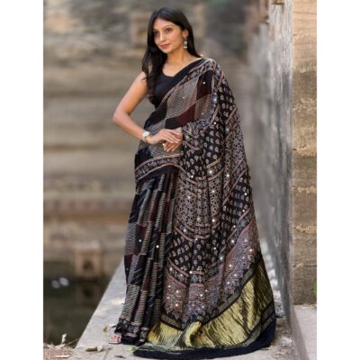 Trisha- Ajrakh Modal Silk Saree With Mirror Detailing