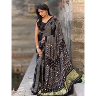 Trisha- Ajrakh Modal Silk Saree With Mirror Detailing