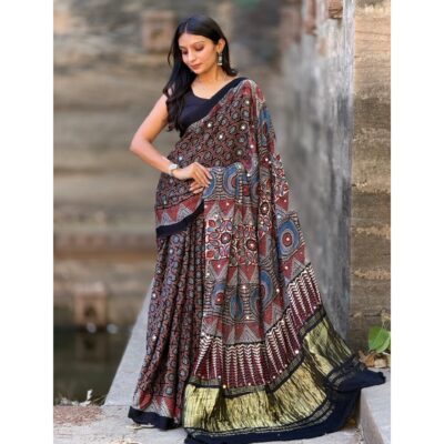 Trisha- Ajrakh Modal Silk Saree With Mirror Detailing