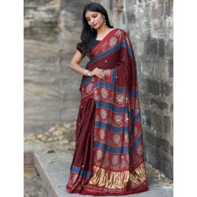 Trisha- Ajrakh Modal Silk Saree With Mirror Detailing