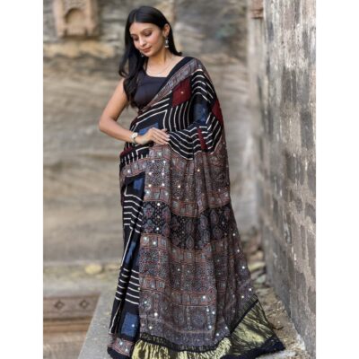 Trisha- Ajrakh Modal Silk Saree With Mirror Detailing