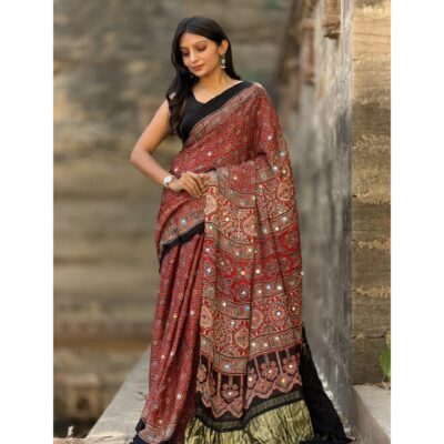 Trisha- Ajrakh Modal Silk Saree With Mirror Detailing