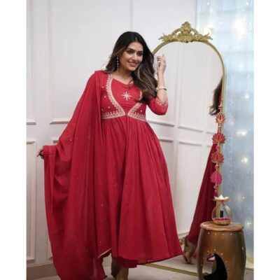 Trisha- Embroidered Flared Cotton Suit Set
