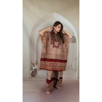 Nyra- Ajrakh Mirror Work Kaftan Co-ord Set
