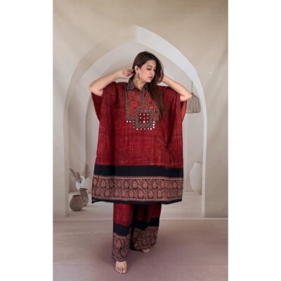 Nyra- Ajrakh Mirror Work Kaftan Co-ord Set