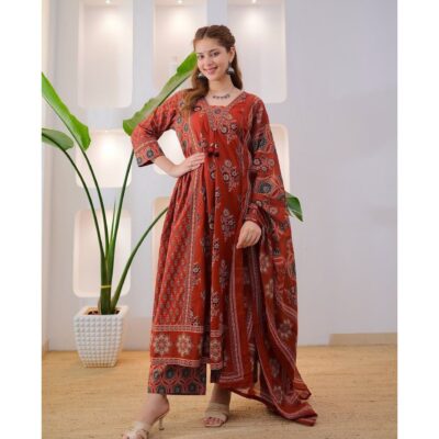 Peher- Ajrakh Cotton Anarkali Suit Set