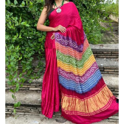 Surkh- Multi Pallu Bandhani Modal Silk Saree