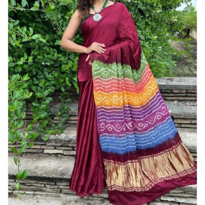Surkh- Multi Pallu Bandhani Modal Silk Saree