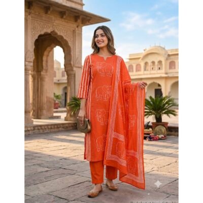 Kesari- Elephant Print Cotton Suit Set