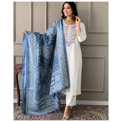 Nira- Embroidered Khadi Cotton Suit Set