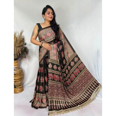 Aabha- Ajrakh Print Mirror Work Saree