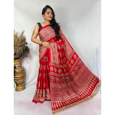 Aabha- Ajrakh Print Mirror Work Saree