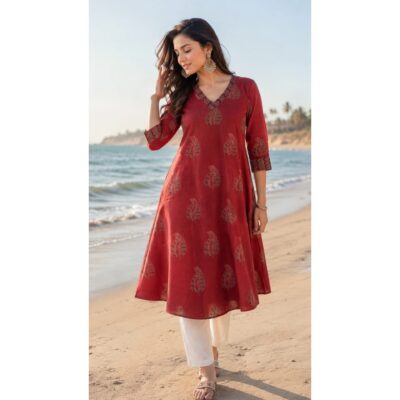 Kashvi- Ajrakh Print A-Line Cotton Kurti