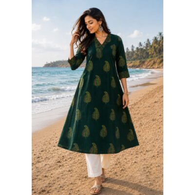 Kashvi- Ajrakh Print A-Line Cotton Kurti