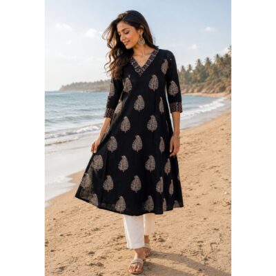 Kashvi- Ajrakh Print A-Line Cotton Kurti