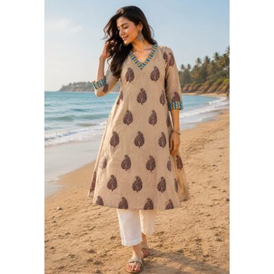 Kashvi- Ajrakh Print A-Line Cotton Kurti