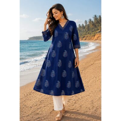 Kashvi- Ajrakh Print A-Line Cotton Kurti